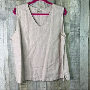 Match Point Size 2X 100% Linen Tan V-Neck Sleeveless Tunic Top 2” Side Slit